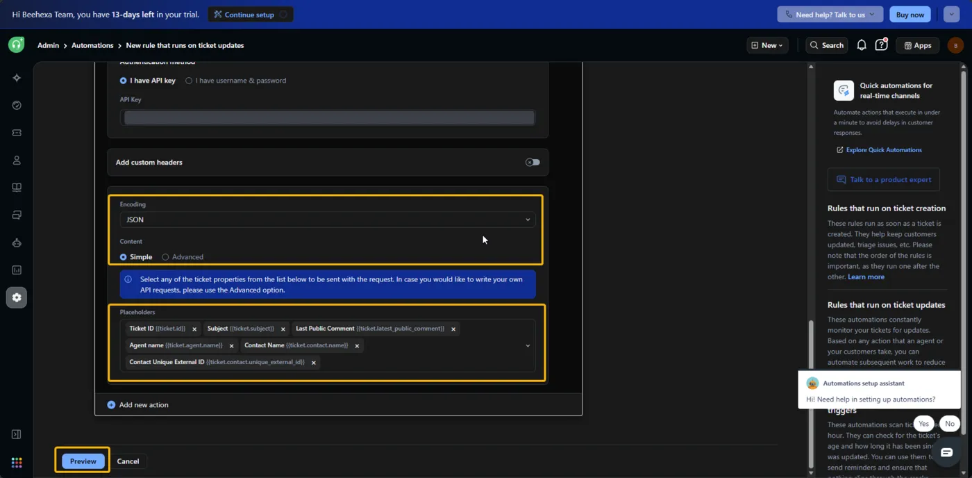 Cấu hình nội dung JSON và placeholder cho Freshdesk webhook