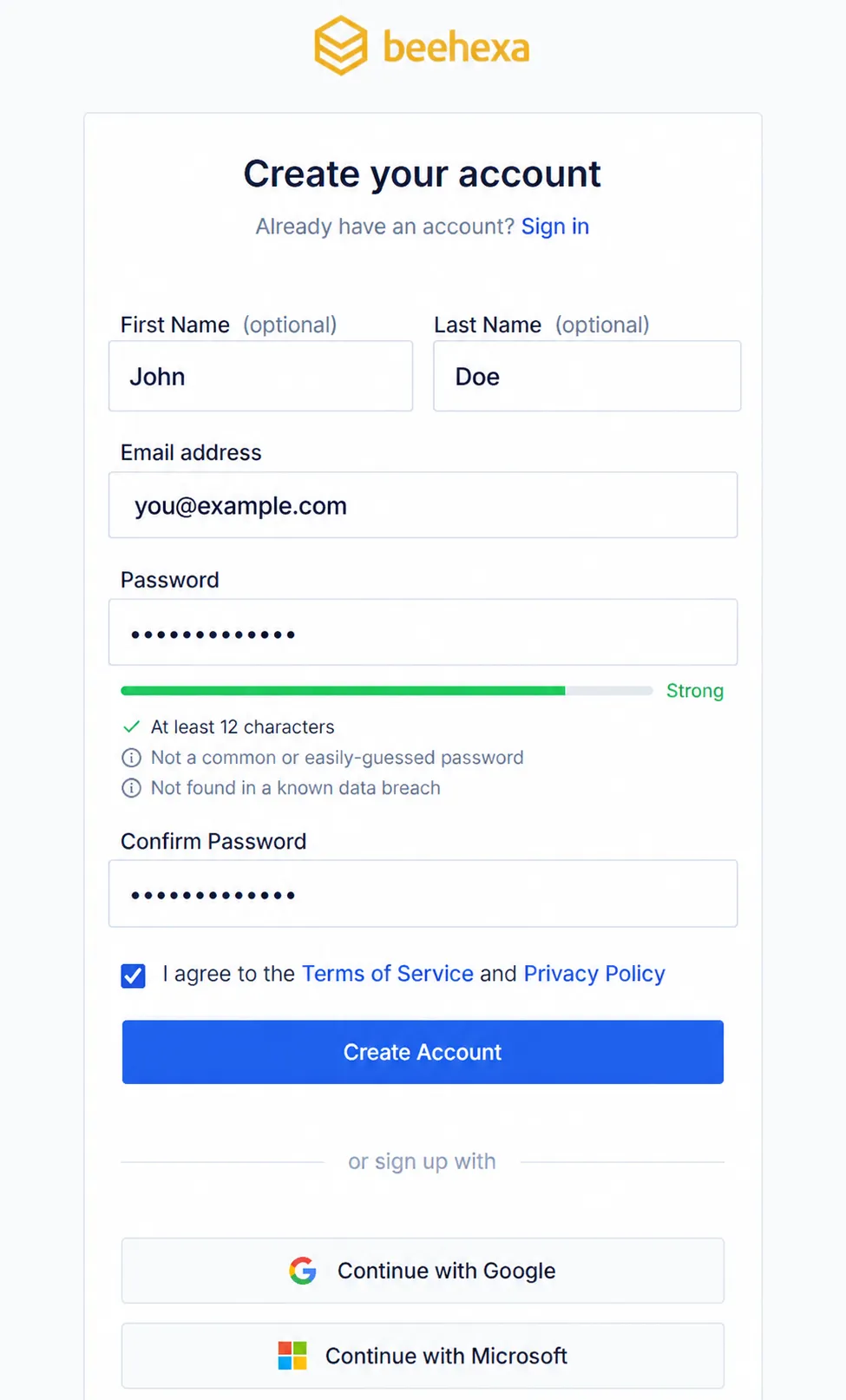 Biểu mẫu tạo tài khoản Beehexa với các trường tên, email, mật khẩu và ô đồng ý điều khoản