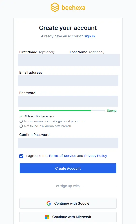 Biểu mẫu tạo tài khoản Beehexa với các trường tên, email, mật khẩu và ô đồng ý điều khoản