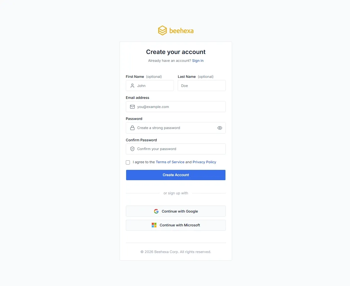 Màn hình Sign Up với biểu mẫu tạo tài khoản Beehexa