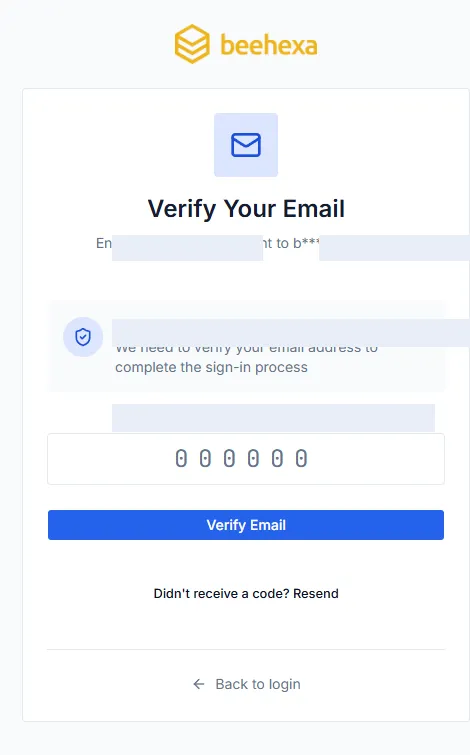 Màn hình xác minh email tài khoản Beehexa với ô nhập mã và nút Verify Email