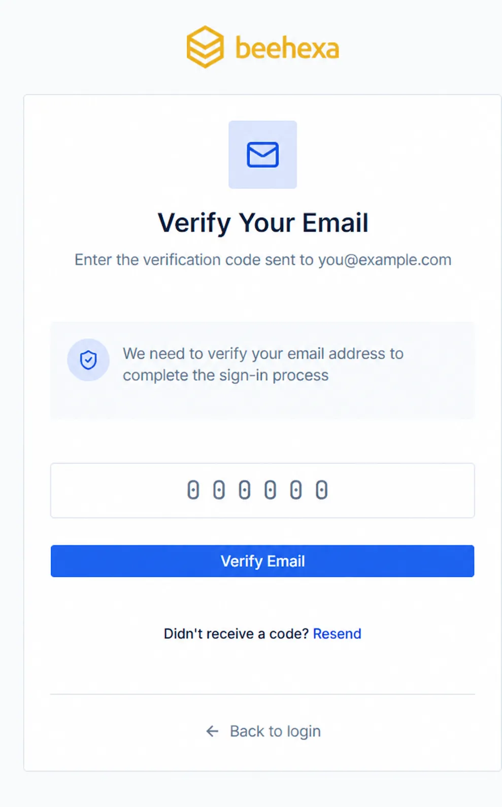 Màn hình xác minh email tài khoản Beehexa với ô nhập mã và nút Verify Email