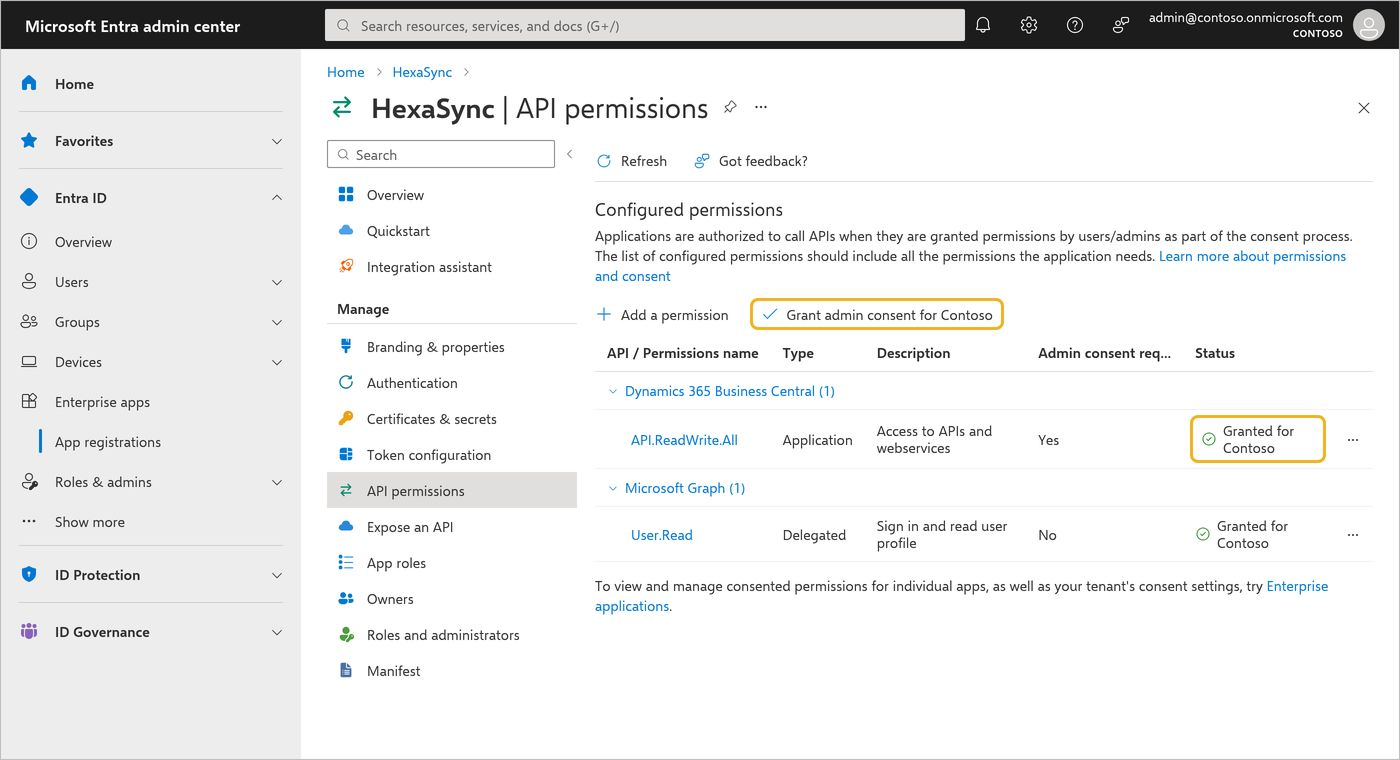 Chọn Grant admin consent và kiểm tra cột Status hiển thị Granted trong API permissions