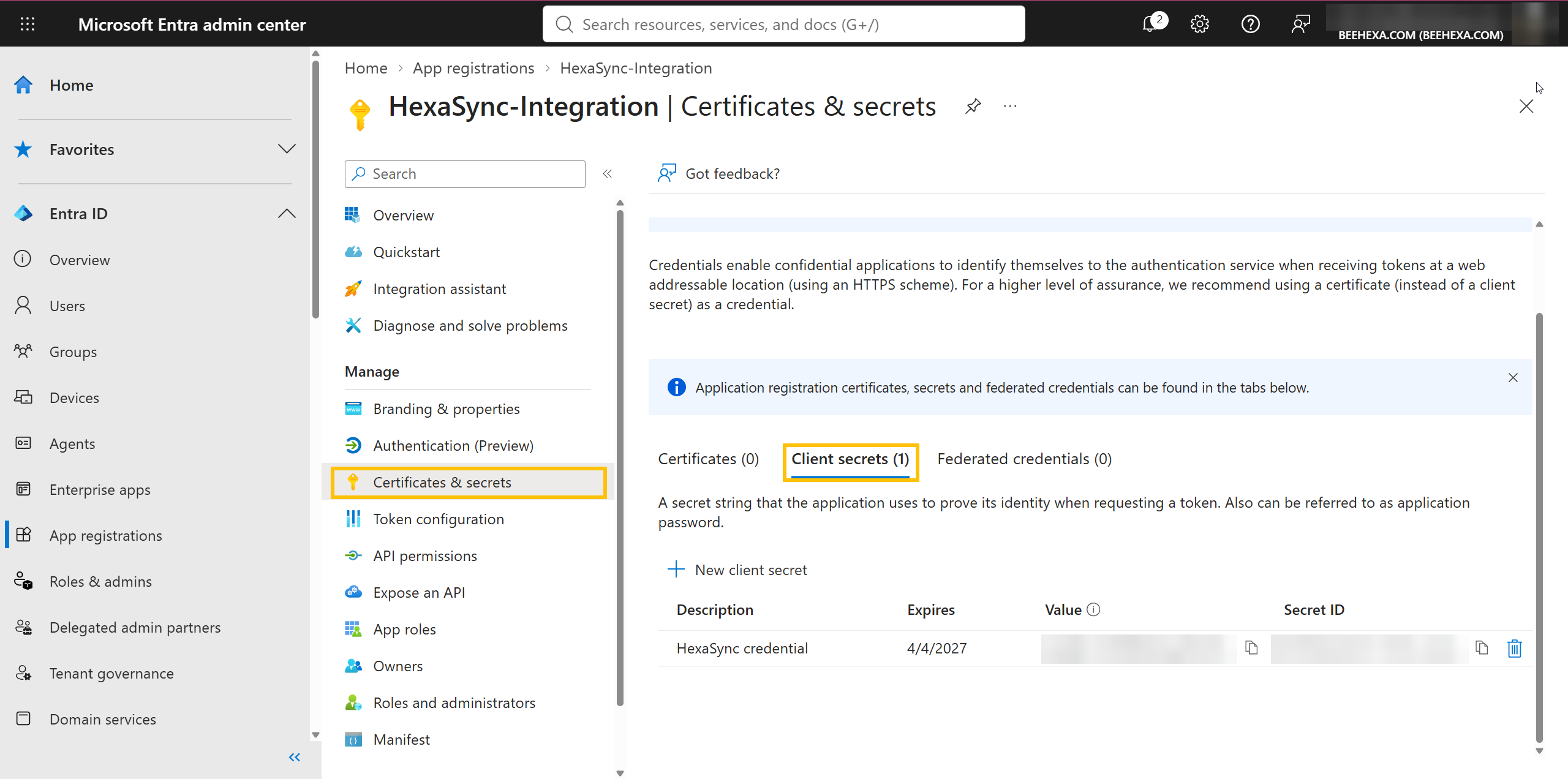 Tạo client secret cho Entra App trong mục Certificates & secrets