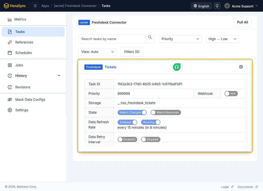 Task Freshdesk Tickets trong Freshdesk Connector trên HexaSync, cập nhật dữ liệu 15 phút một lần