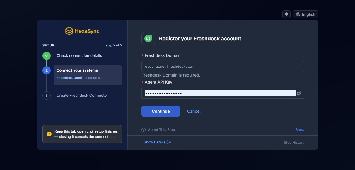 Nhập Freshdesk Domain và Agent API Key trên màn hình Register your Freshdesk account của HexaSync